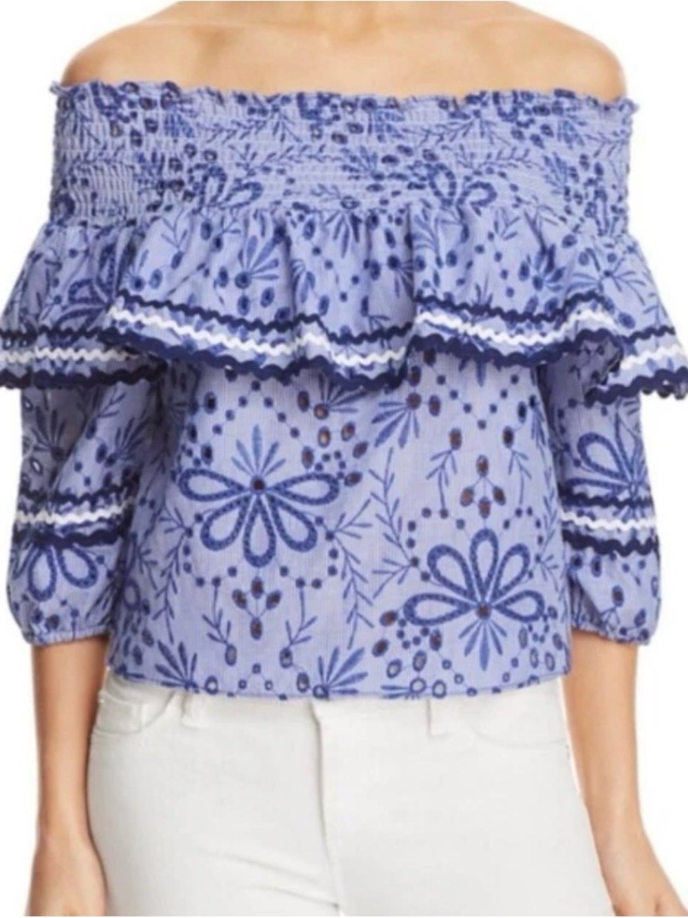 EUC size M Red Carter  Paloma Blue Floral Off-Shoulder Ruffle Top